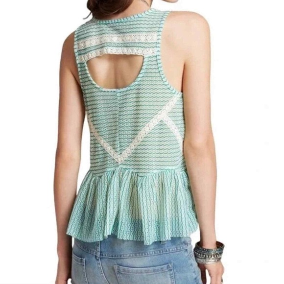 Free People Semi Sheer Crochet Turquoise Ivory Cut Out Peplum Boho Top M - Picture 2 of 13